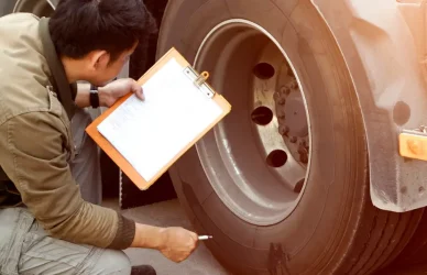 man with clipboard near semi truck tire