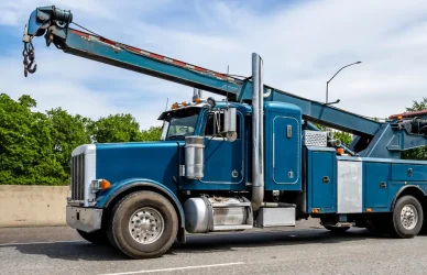 blue semi tow truck towing tanker semi truck