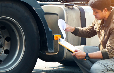 man with clipboard kneeling next to semi truck