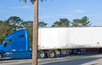 blue semi truck with white trailer parked in parking lot with palm trees