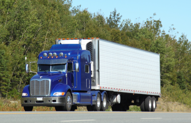 blue semi truck with white trailer on road with trees in the background