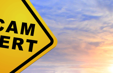 yellow road sign that reads "scam alert"