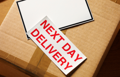 box with next day delivery sticker