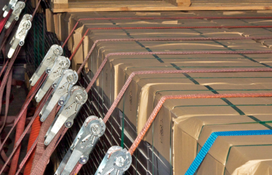 load inside semi truck secured with several ratchet straps, load securement, safety