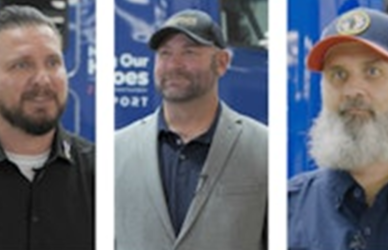 From left: Douglas Couch, U.S. Navy (E-5), Roehl Transport, Inc.; Cory Troxell, U.S. Army (E-7), Stevens Transport; Billy Taylor, U.S. Coast Guard (E-7), Werner Enterprises; Brian Ferguson, U.S. Army and U.S. Army National Guard (E-7), Melton Truck Lines; and Shawn Haley, U.S. Marine Corps (E-4), Veriha Trucking LLC (Source: Transition Trucking)