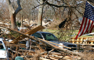 hurricane flood damage area, driving for fema to aid in disaster relief