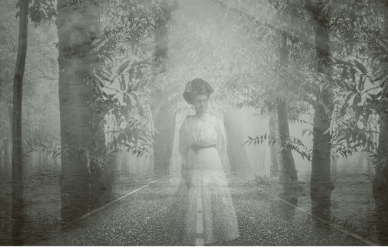 black and white eerie, spooky haunted highway with apparition of woman in white dress, ," U.S. truckers share spine-tingling stories of ghostly encounters, eerie roadside mysteries, and unexplained phenomena that haunt America's highways