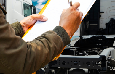 man with clipboard held up writing in pen with semi truck in background