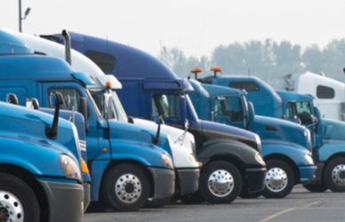 line of semi trucks parked