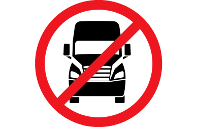 semi truck icon in a red circle with slash through it indicating banned or prohibited trucks