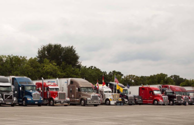Semi trucks lined up at the Great American Trucking Show