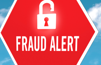 stop sign with clouds in background that says fraud alert