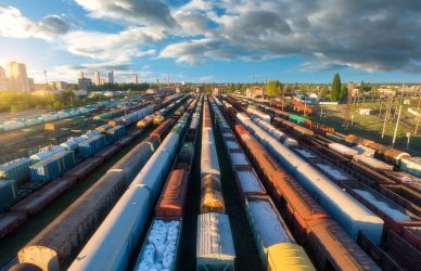 Drone view of freight trains at sunset. Colorful railway cargo wagons on railroad. Aerial view of colorful wagons, city, blue sky with clouds. Depot of freight trains. Railway station. Transportation