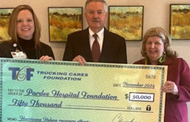 The Trucking Cares Foundation donates $50,000 to the Pardee Hospital Foundation, the largest gift in its history, to support Hurricane Helene recovery efforts in Western North Carolina. This contribution addresses critical health care needs, housing repairs, and more
